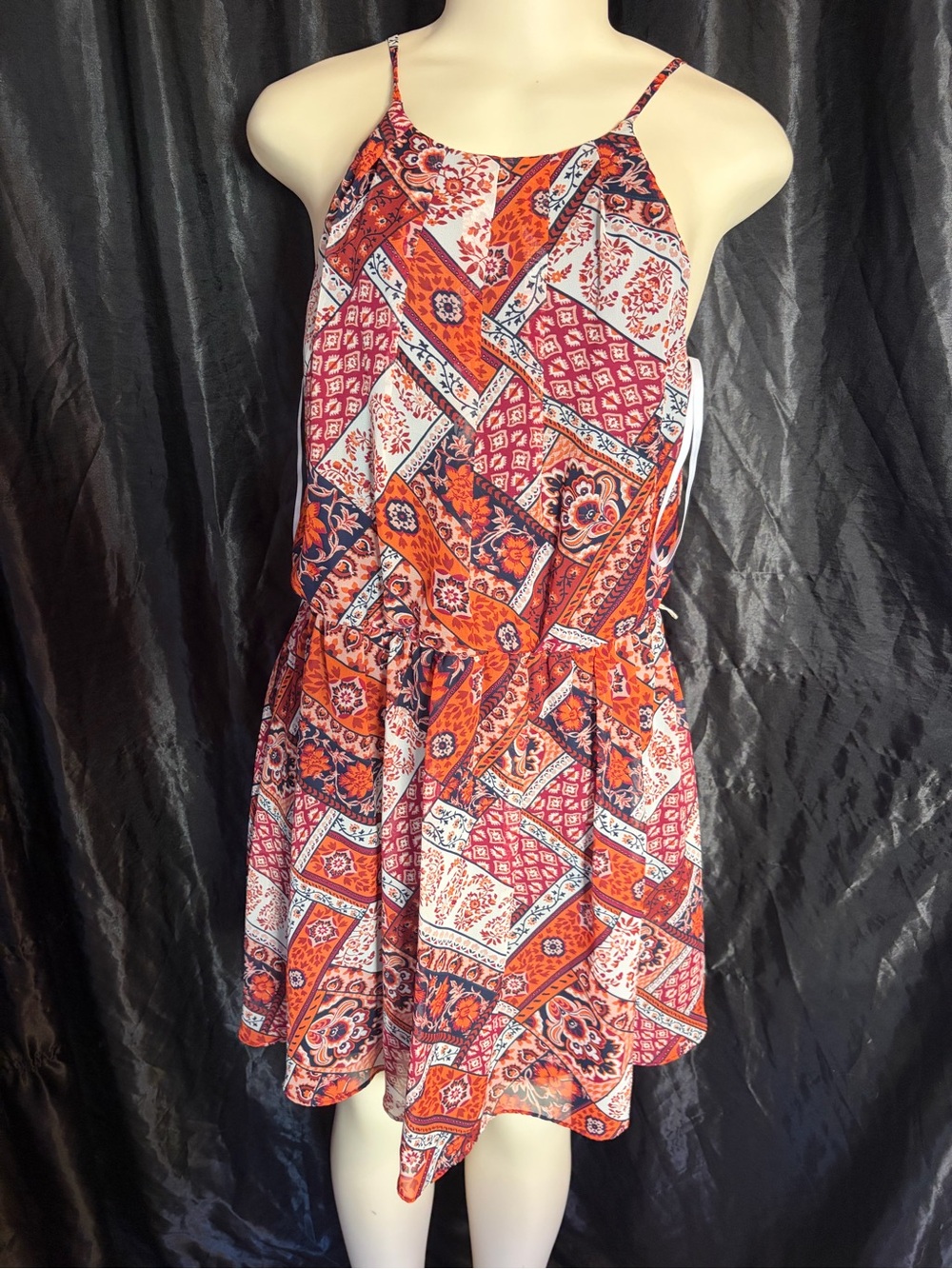 RVCA Orange and Red Patchwork Halter Mini Dress